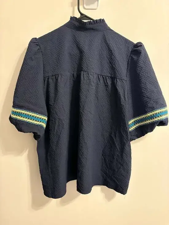 Grace + Karma Navy Blue Ruffle Neck Embroidered Seersucker Blouse - Picture 3 of 3